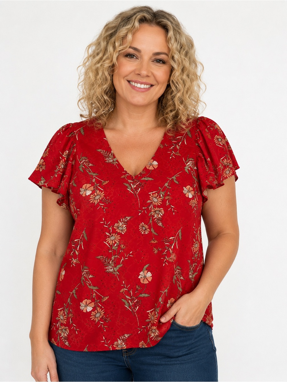 Red Floral Eyelet Short Sleeve Top Size 14/16W Cato